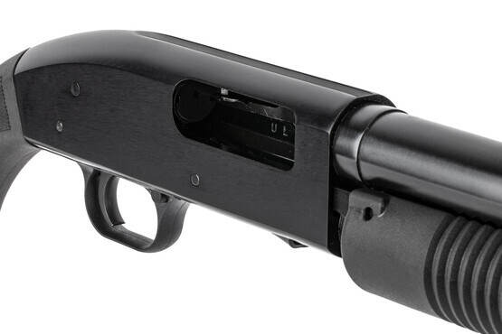 Mossberg's 18.5in Maverick 88 pump action 12 gauge is equipped with a simple crossbolt safety selector.